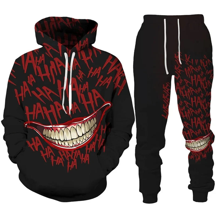 Hoodie & Pants Set Unisex Personality Streetwear Interesting Trends HAHAHA Big Mouth Pattern Tracksuit Set