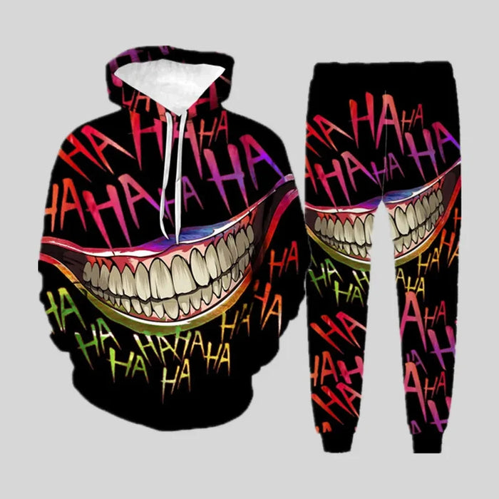 Hoodie & Pants Set Unisex Personality Streetwear Interesting Trends HAHAHA Big Mouth Pattern Tracksuit Set